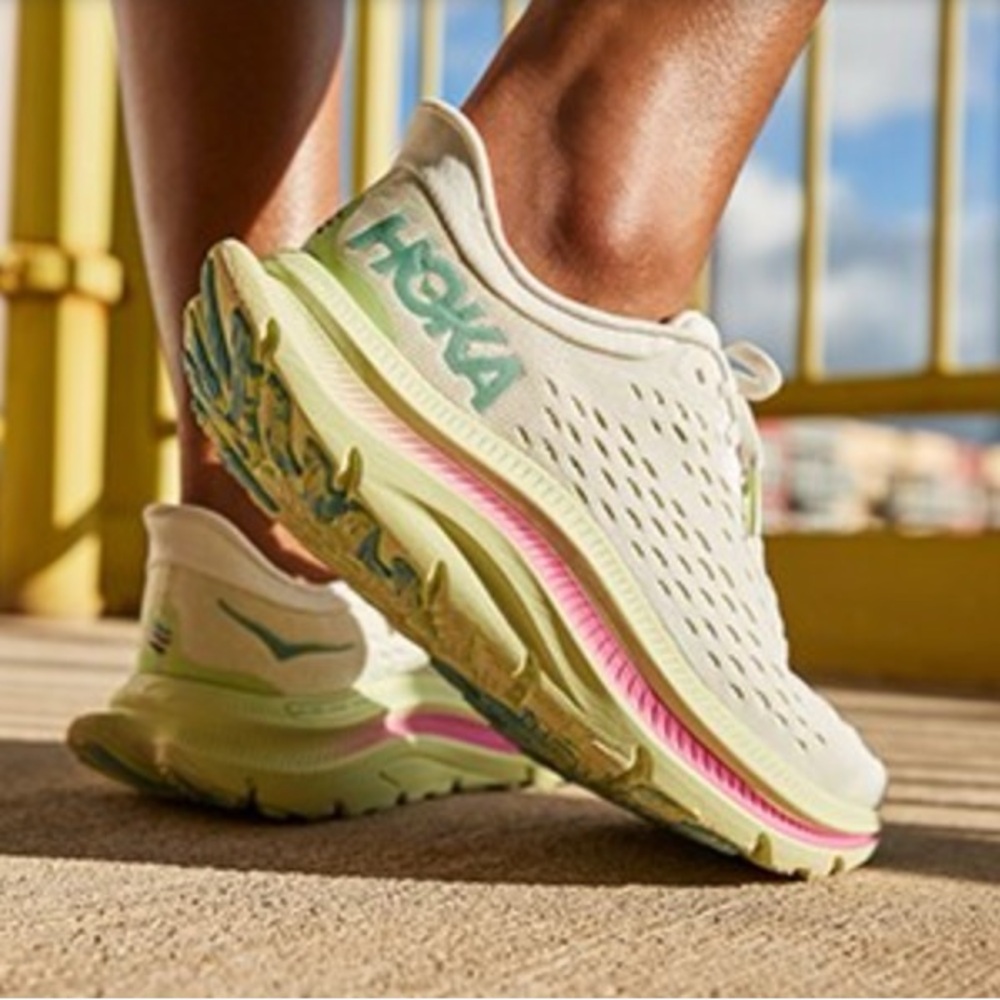 Hoka Women's Running Shoes Cream with Pastel Green and Pink Accents